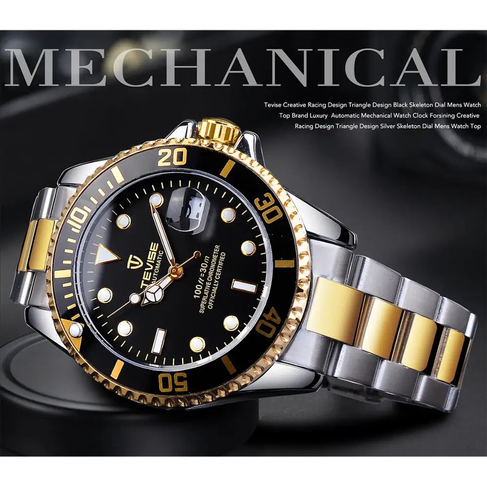 TEVISE Top Brand Luxury Black Golden Waterproof Clock Stainless Steel Date Dispaly Luminous Mens Automatic Mechanical Wristwatch