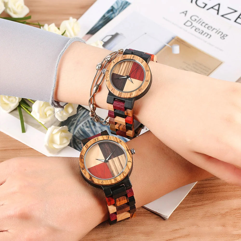 Couple Watches Wooden Quartz Wristwatches 4 Colors Mixed Dial Women's Natural Full Bracelet Watches Folding Clasp Men'sTimepiece