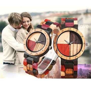 Couple Watches Wooden Quartz Wristwatches 4 Colors Mixed Dial Women's Natural Full Bracelet Watches Folding Clasp Men'sTimepiece
